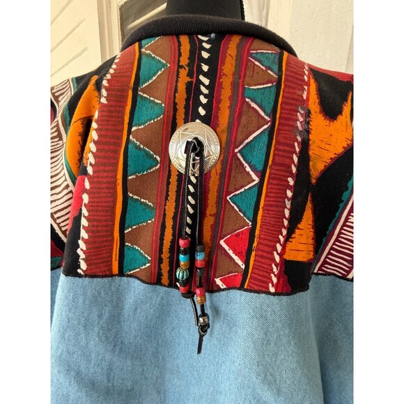 Vintage 80's handmade Southwestern-style denim jacket/sweatshirt Womens XL - Picture 7 of 16